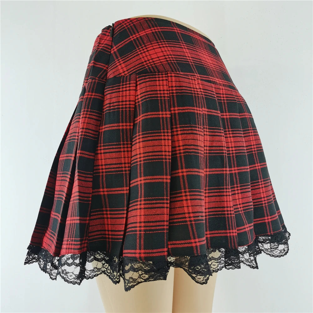 Novo Contraste Lace Plaid Saia Plissada Vintage Sexy Skater Roupas Harajuku Gothic Punk Inglaterra Estilo Y2k Saia