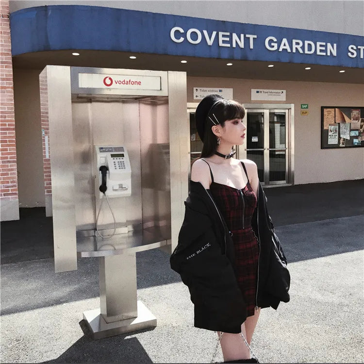 Gótico lolita xadrez vestido y2k egirl punk vestidos plissados cinta de espaguete mini jurken emo alt goth streetwear vestido feminino