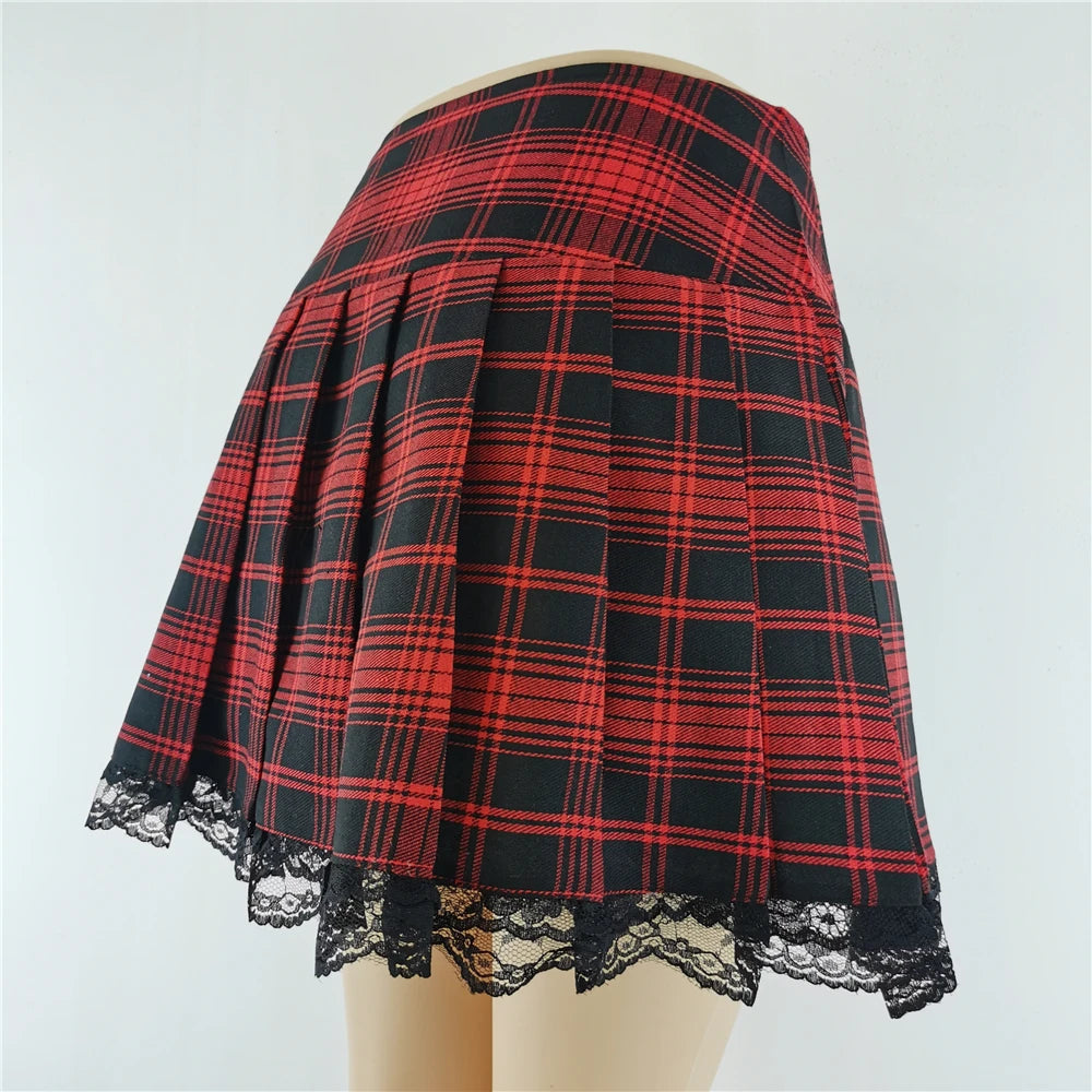 Novo Contraste Lace Plaid Saia Plissada Vintage Sexy Skater Roupas Harajuku Gothic Punk Inglaterra Estilo Y2k Saia