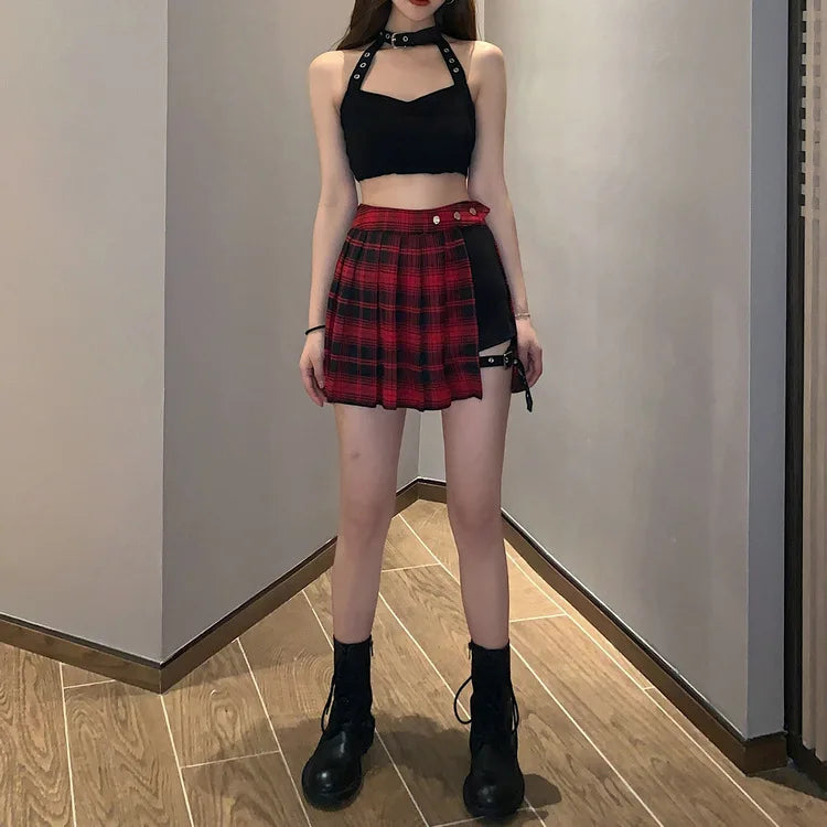 Verão harajuku estilo punk xadrez saias irregulares mulheres assimétricas cintura alta saias pretas plissadas meninas gótico meia saias