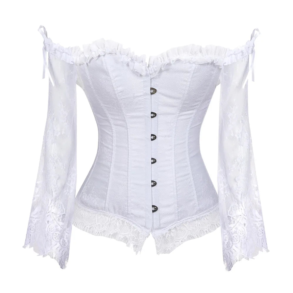Manga longa elegante espartilhos góticos sexy fora do ombro rendas até overbust corselet feminino corpo cintura trainer cincher shapers bustiers