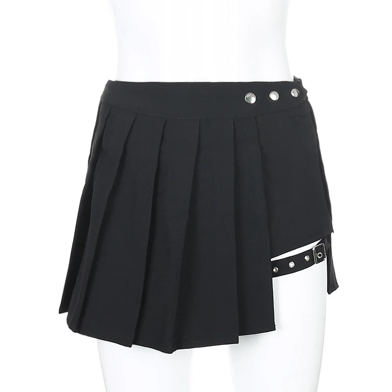 Verão harajuku estilo punk xadrez saias irregulares mulheres assimétricas cintura alta saias pretas plissadas meninas gótico meia saias