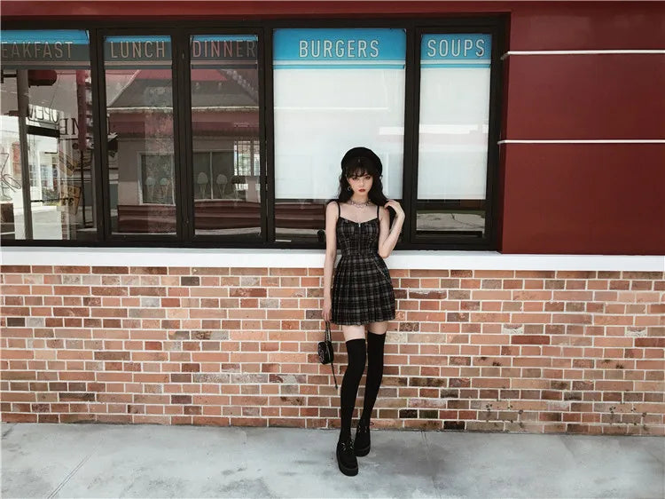 Gótico lolita xadrez vestido y2k egirl punk vestidos plissados cinta de espaguete mini jurken emo alt goth streetwear vestido feminino