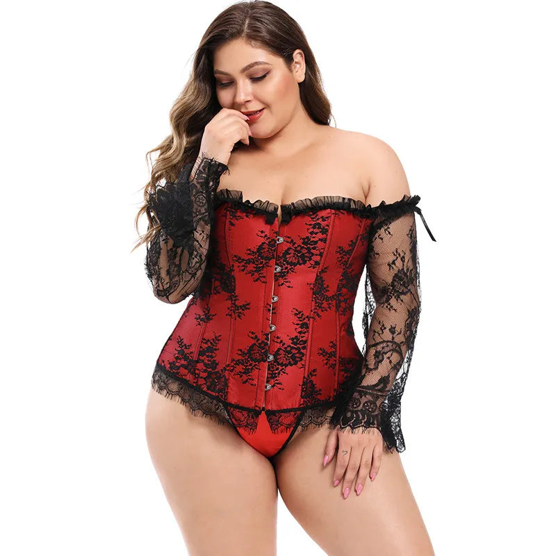 Manga longa elegante espartilhos góticos sexy fora do ombro rendas até overbust corselet feminino corpo cintura trainer cincher shapers bustiers