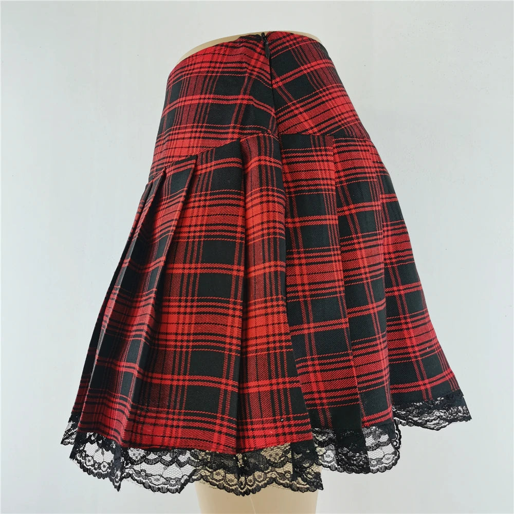 Novo Contraste Lace Plaid Saia Plissada Vintage Sexy Skater Roupas Harajuku Gothic Punk Inglaterra Estilo Y2k Saia