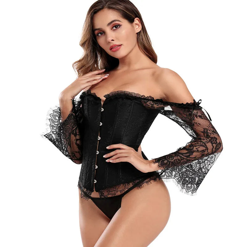 Manga longa elegante espartilhos góticos sexy fora do ombro rendas até overbust corselet feminino corpo cintura trainer cincher shapers bustiers