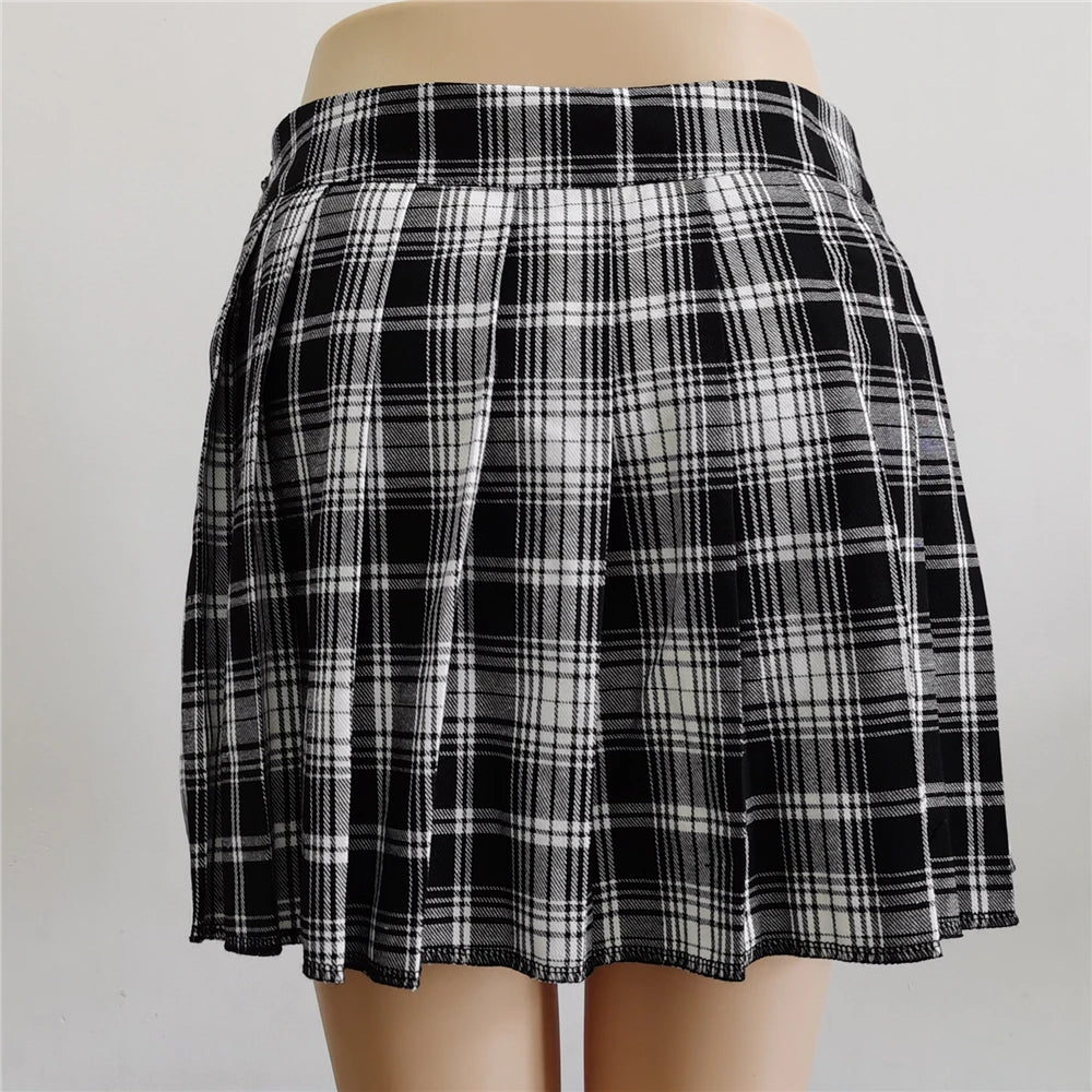 Verão harajuku estilo punk xadrez saias irregulares mulheres assimétricas cintura alta saias pretas plissadas meninas gótico meia saias