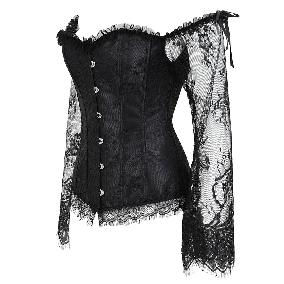 Manga longa elegante espartilhos góticos sexy fora do ombro rendas até overbust corselet feminino corpo cintura trainer cincher shapers bustiers