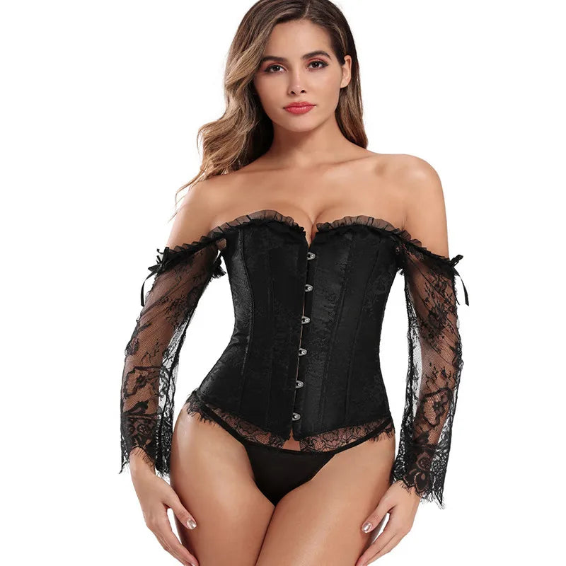 Manga longa elegante espartilhos góticos sexy fora do ombro rendas até overbust corselet feminino corpo cintura trainer cincher shapers bustiers