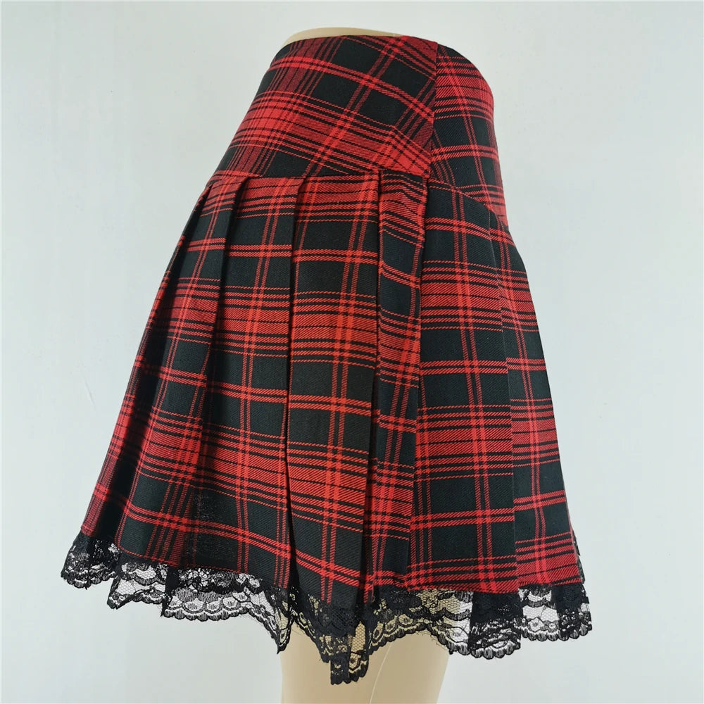 Novo Contraste Lace Plaid Saia Plissada Vintage Sexy Skater Roupas Harajuku Gothic Punk Inglaterra Estilo Y2k Saia