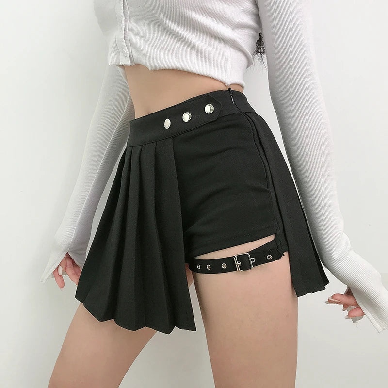 Verão harajuku estilo punk xadrez saias irregulares mulheres assimétricas cintura alta saias pretas plissadas meninas gótico meia saias
