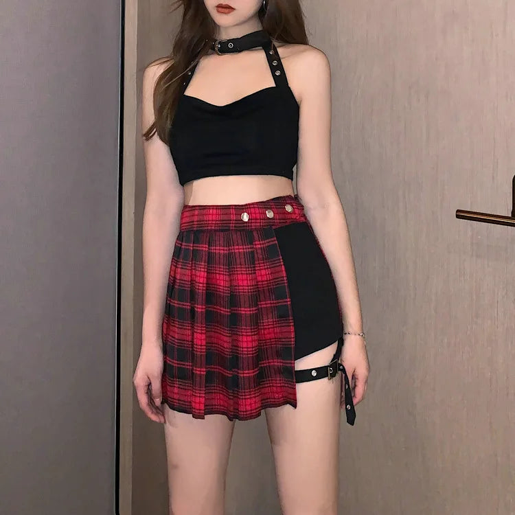 Verão harajuku estilo punk xadrez saias irregulares mulheres assimétricas cintura alta saias pretas plissadas meninas gótico meia saias