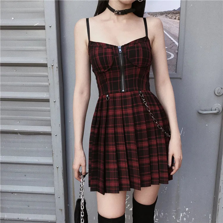 Gótico lolita xadrez vestido y2k egirl punk vestidos plissados cinta de espaguete mini jurken emo alt goth streetwear vestido feminino