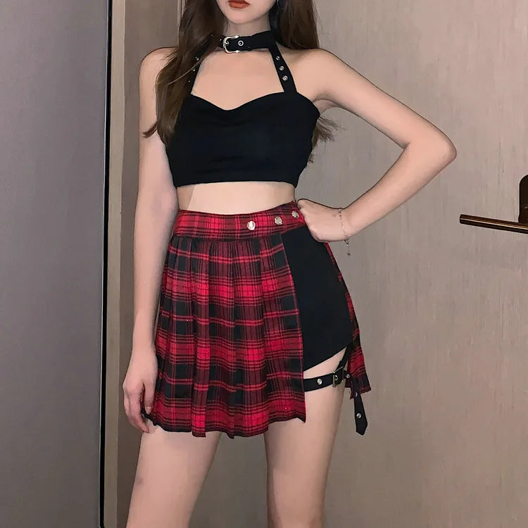 Verão harajuku estilo punk xadrez saias irregulares mulheres assimétricas cintura alta saias pretas plissadas meninas gótico meia saias