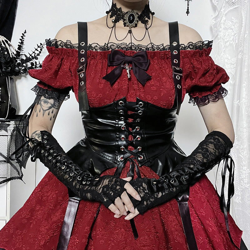 Altgoth escuro academia gótico vestido feminino harajuku streetwear fairycore grunge rendas retalhos puff manga vestido de cintura alta feminino