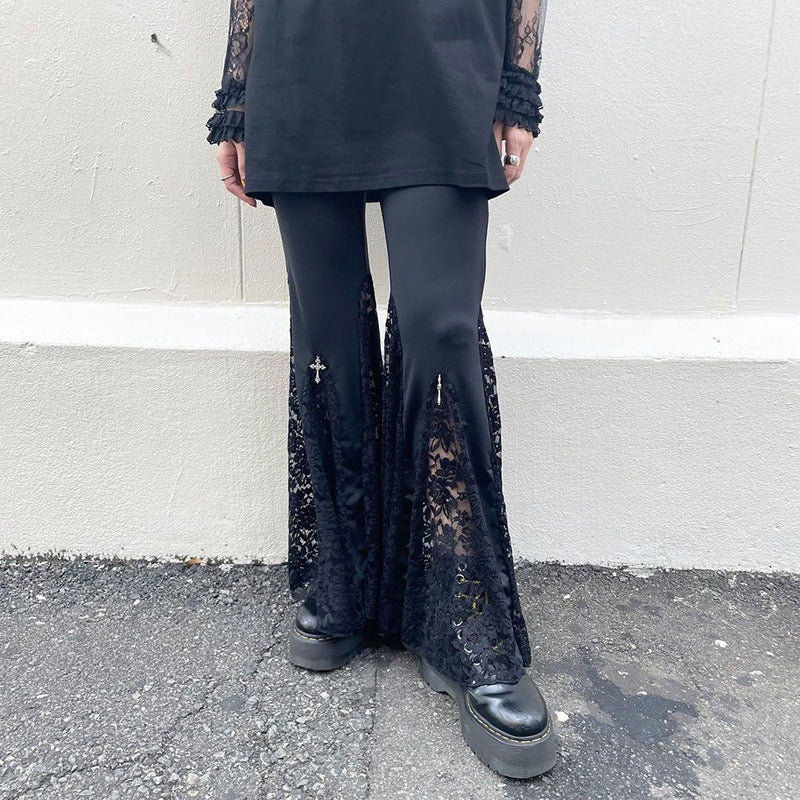 Calça Flare Gótica com Renda e Cruz