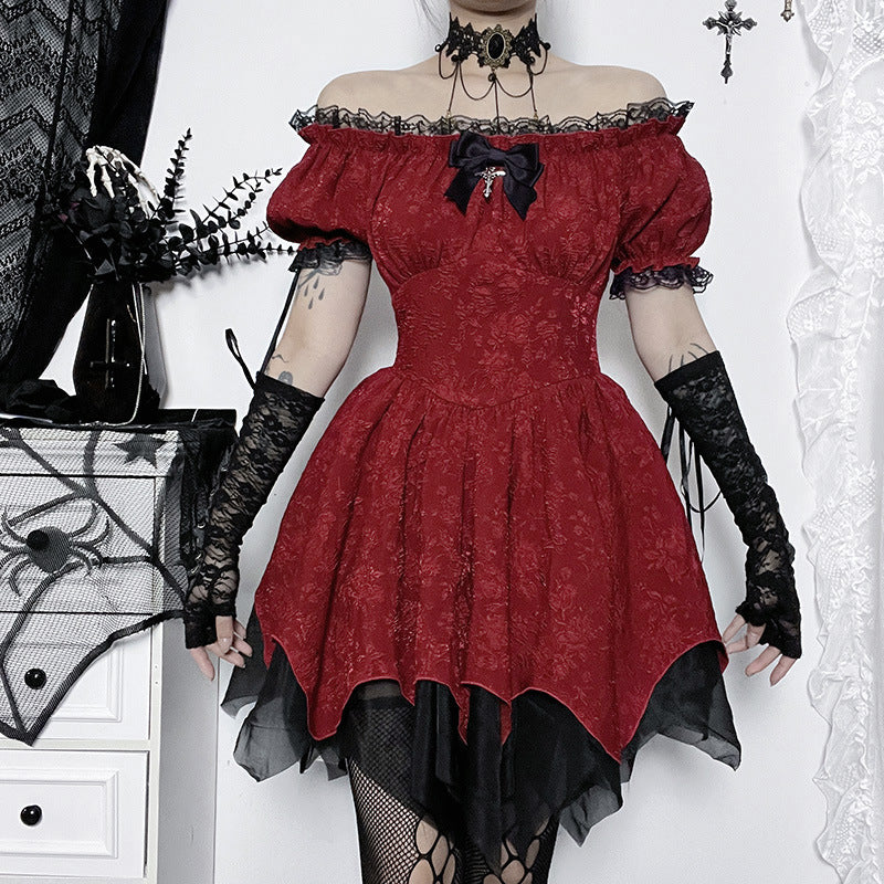 Altgoth escuro academia gótico vestido feminino harajuku streetwear fairycore grunge rendas retalhos puff manga vestido de cintura alta feminino