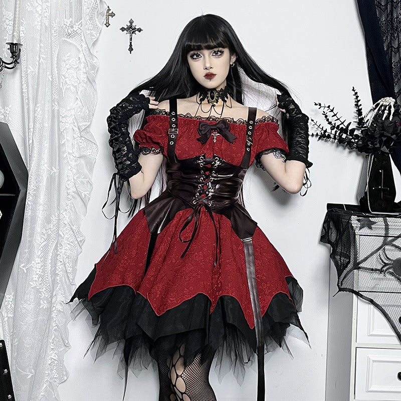 Altgoth escuro academia gótico vestido feminino harajuku streetwear fairycore grunge rendas retalhos puff manga vestido de cintura alta feminino