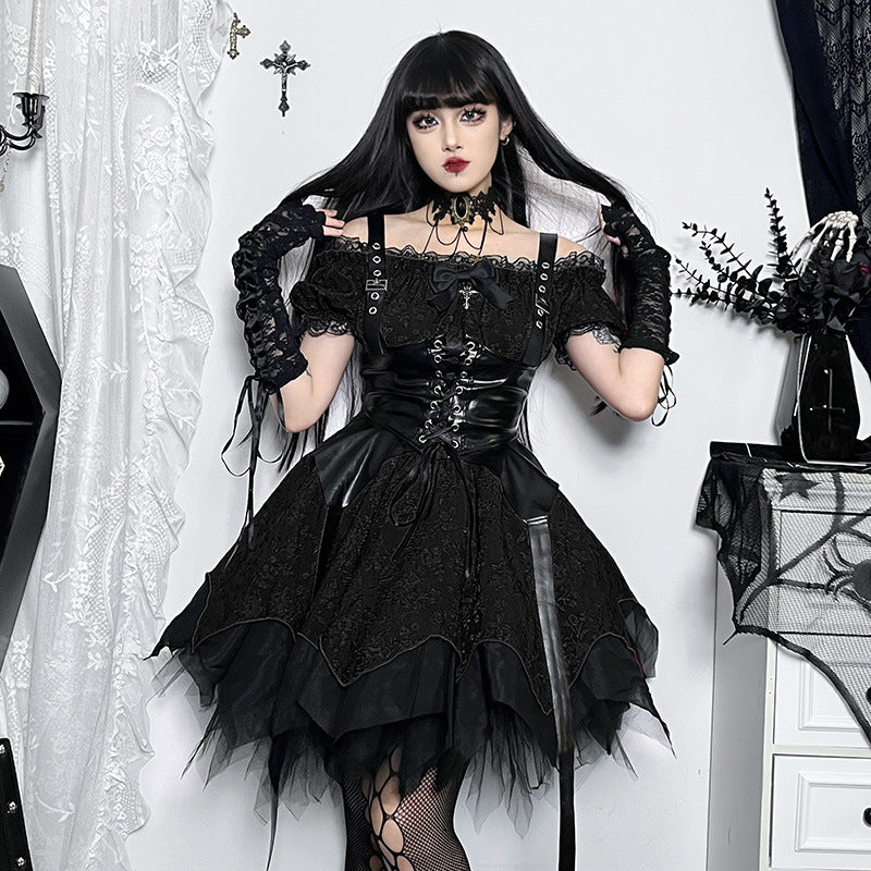 Altgoth escuro academia gótico vestido feminino harajuku streetwear fairycore grunge rendas retalhos puff manga vestido de cintura alta feminino