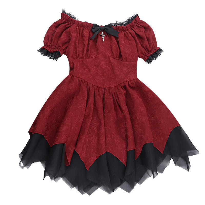 Altgoth escuro academia gótico vestido feminino harajuku streetwear fairycore grunge rendas retalhos puff manga vestido de cintura alta feminino