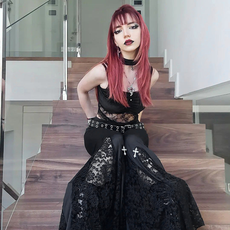 Calça Flare Gótica com Renda e Cruz