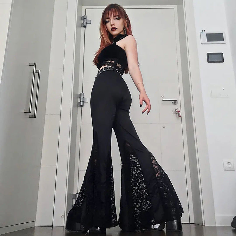 Calça Flare Gótica com Renda e Cruz