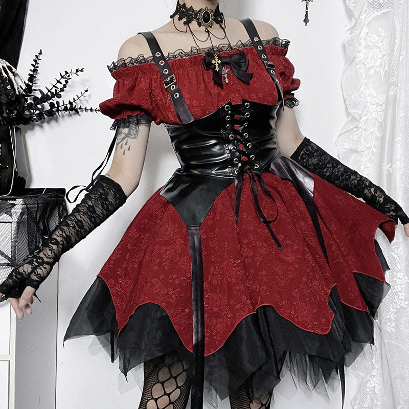 Altgoth escuro academia gótico vestido feminino harajuku streetwear fairycore grunge rendas retalhos puff manga vestido de cintura alta feminino