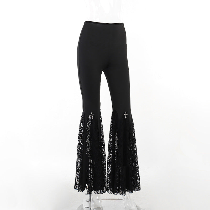 Calça Flare Gótica com Renda e Cruz