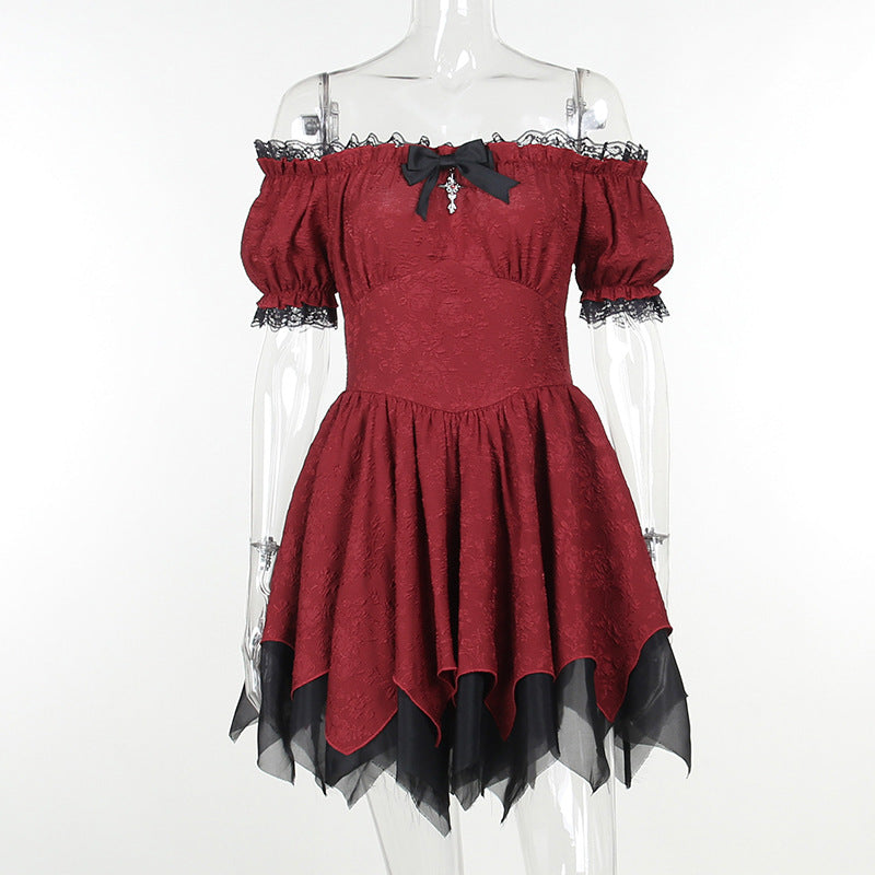 Altgoth escuro academia gótico vestido feminino harajuku streetwear fairycore grunge rendas retalhos puff manga vestido de cintura alta feminino