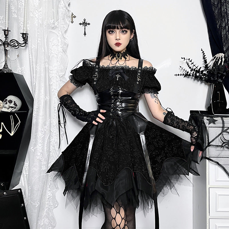 Altgoth escuro academia gótico vestido feminino harajuku streetwear fairycore grunge rendas retalhos puff manga vestido de cintura alta feminino