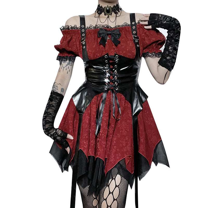 Altgoth escuro academia gótico vestido feminino harajuku streetwear fairycore grunge rendas retalhos puff manga vestido de cintura alta feminino