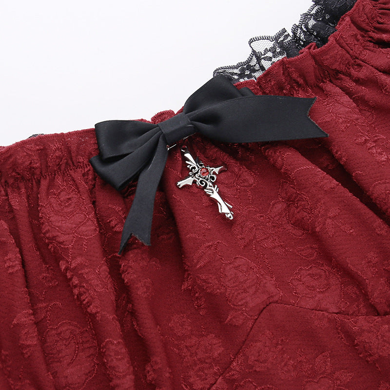 Altgoth escuro academia gótico vestido feminino harajuku streetwear fairycore grunge rendas retalhos puff manga vestido de cintura alta feminino
