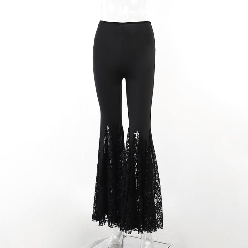 Calça Flare Gótica com Renda e Cruz