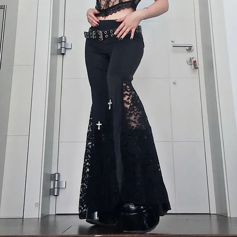 Calça Flare Gótica com Renda e Cruz