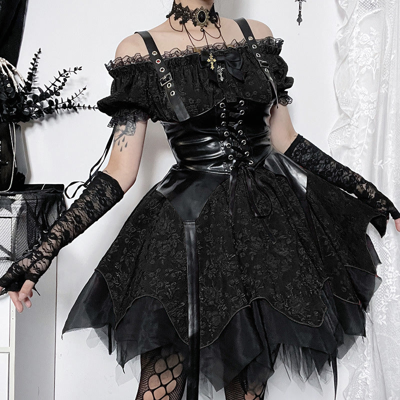Altgoth escuro academia gótico vestido feminino harajuku streetwear fairycore grunge rendas retalhos puff manga vestido de cintura alta feminino