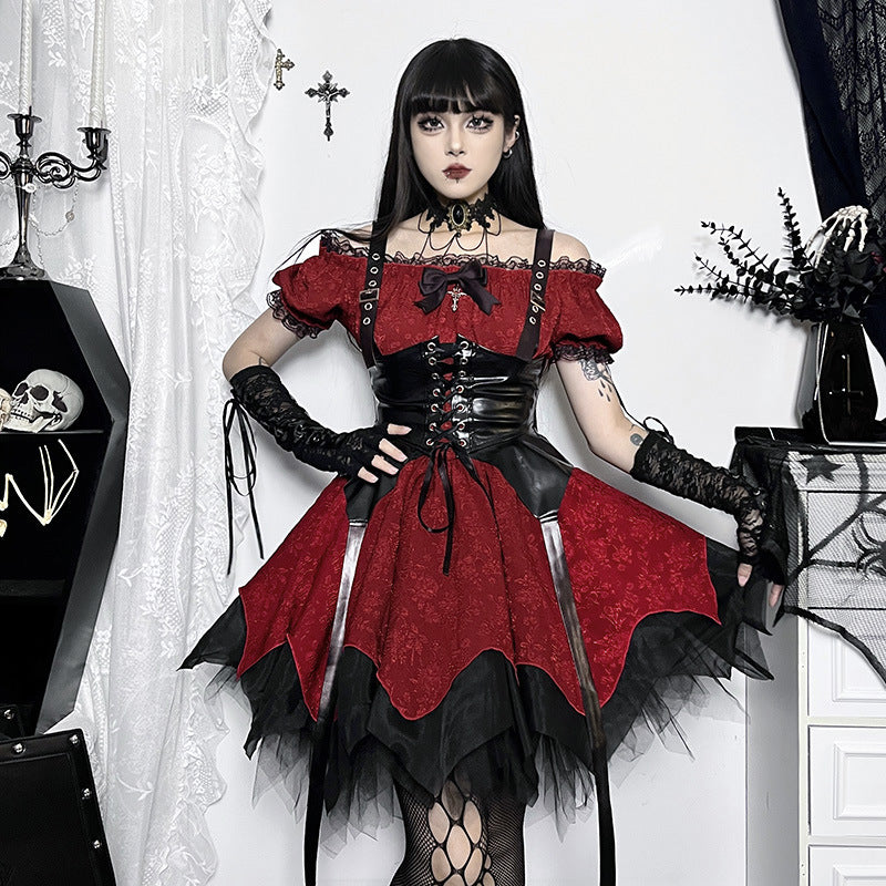Altgoth escuro academia gótico vestido feminino harajuku streetwear fairycore grunge rendas retalhos puff manga vestido de cintura alta feminino
