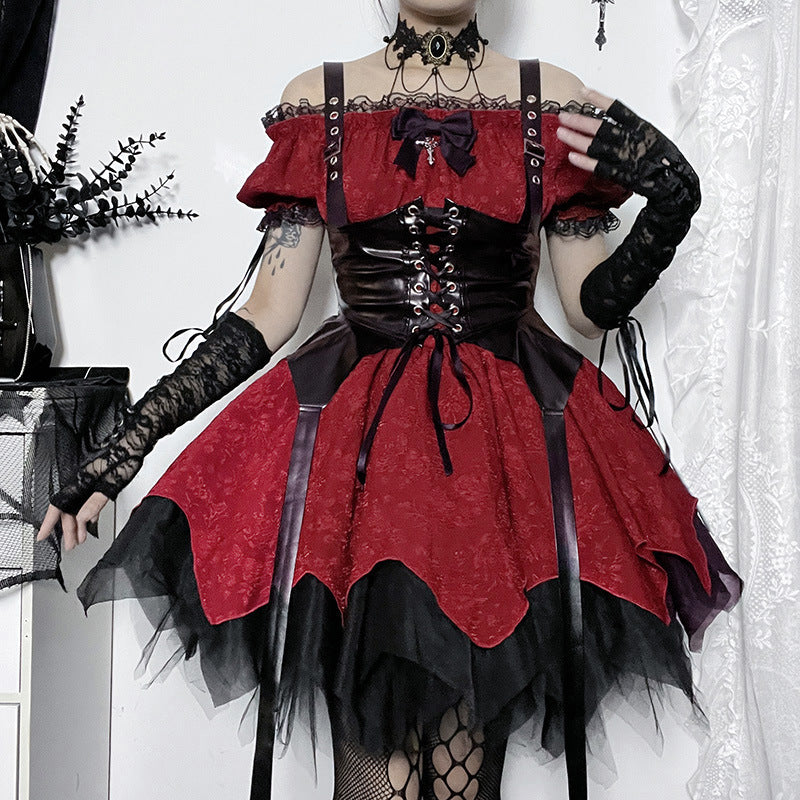 Altgoth escuro academia gótico vestido feminino harajuku streetwear fairycore grunge rendas retalhos puff manga vestido de cintura alta feminino