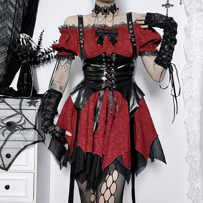 Altgoth escuro academia gótico vestido feminino harajuku streetwear fairycore grunge rendas retalhos puff manga vestido de cintura alta feminino