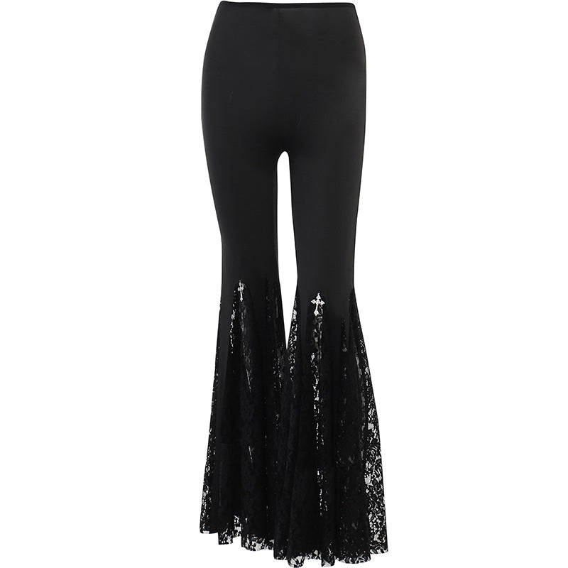 Calça Flare Gótica com Renda e Cruz