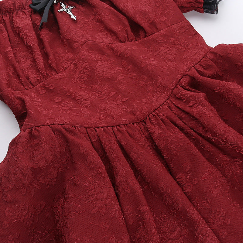 Altgoth escuro academia gótico vestido feminino harajuku streetwear fairycore grunge rendas retalhos puff manga vestido de cintura alta feminino