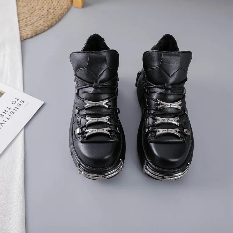2025 primavera novos sapatos femininos de metal pesado fundo grosso alta superior punk sapatos de couro gótico escuro botas de motocicleta tendência