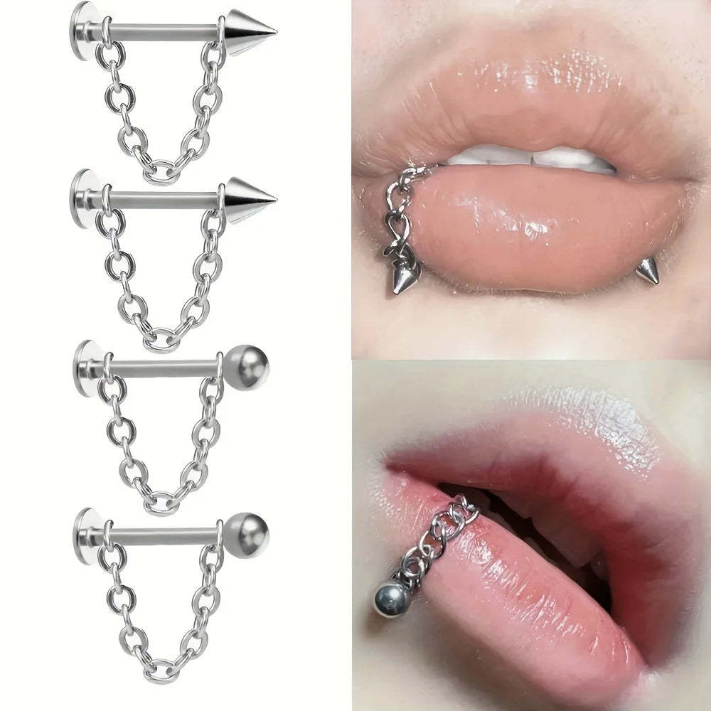 Piercing Labret com Corrente Aço Inoxidável