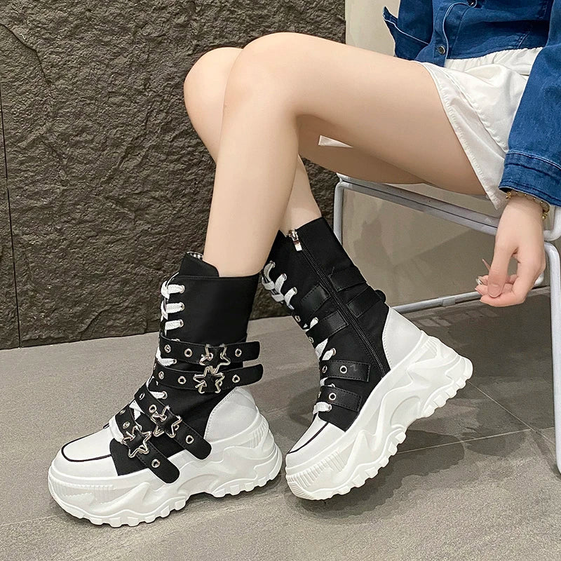 Moda botas de plataforma grossa mulheres punk estrela fivela cinta alta superior tênis mulher outono inverno fundo grosso botas de motocicleta