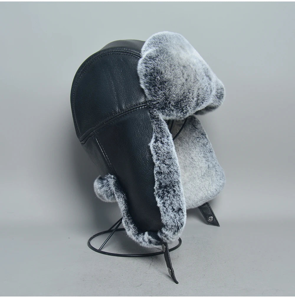 Novo unissex real rex pele de coelho bombardeiro chapéu ushanka boné trapper russo das mulheres dos homens chapéus de esqui bonés de couro de pele de carneiro real inverno quente