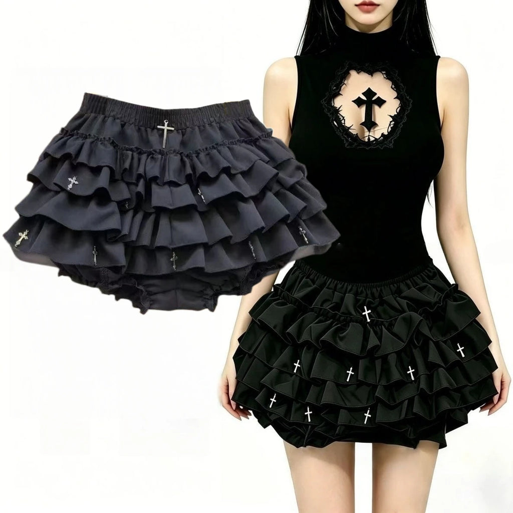 Saias Femininas com Camadas e Babados, Minissaia com Detalhes Cruzados, Shorts Embutidos, Skort Japonês Kawaii, Estilo Gótico Punk Y2K, Harajuku Anos 90, Sexy