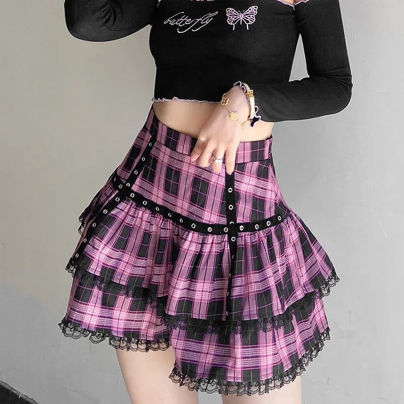 FICHOR-Mulheres Góticas Renda Ruffle Mini Saias, Harajuku, Fairy Grunge, Xadrez Rosa, Plissado, Japonês Lolita Streetwear, Mall Goth