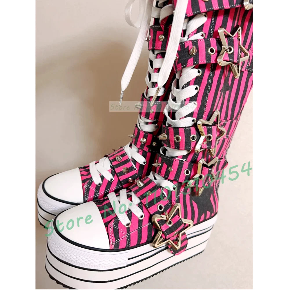 Preto listrado plataforma sapatos de lona longa menina doce metal estrela fivela de cinto botas de renda moda dedo do pé redondo legal lolita sapatos