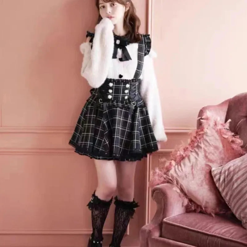 Saia Curta de Suspensório com Laço Estilo Gótico Japonês Lolita, Saia Xadrez Doce e Fofa para Meninas, Saia Mini em A com Renda, verão2026, preta sólida, kawaii