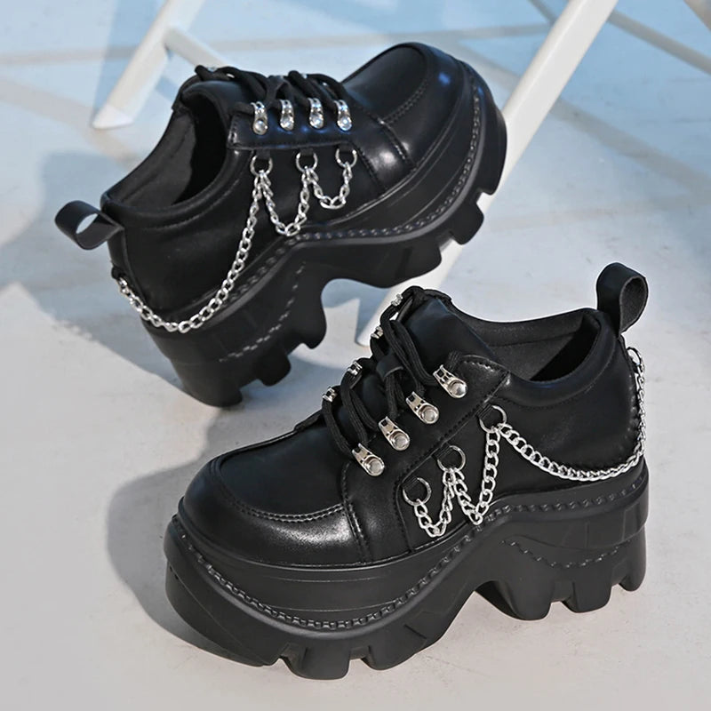 Gótico punk chunky tênis para mulher preto corrente decoração plataforma sapatos esportivos mulher sola grossa não deslizamento punk tênis plus size