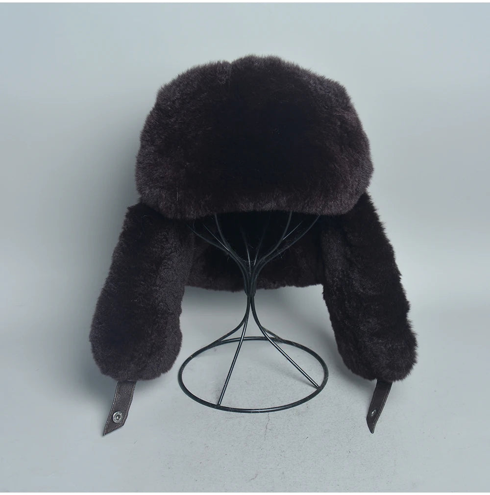 Novo unissex real rex pele de coelho bombardeiro chapéu ushanka boné trapper russo das mulheres dos homens chapéus de esqui bonés de couro de pele de carneiro real inverno quente